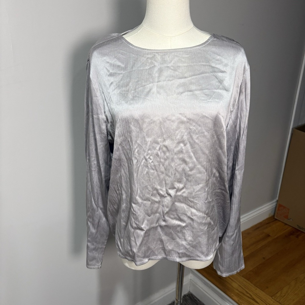 Eileen Fisher Gray Silver 100% Silk Blouse Top Sz‎ S Elegant Holiday Luxury